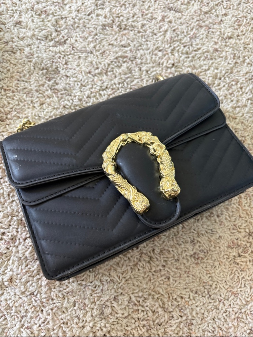 Black Quilted Chain Shoulder Bag with Gold Accent
